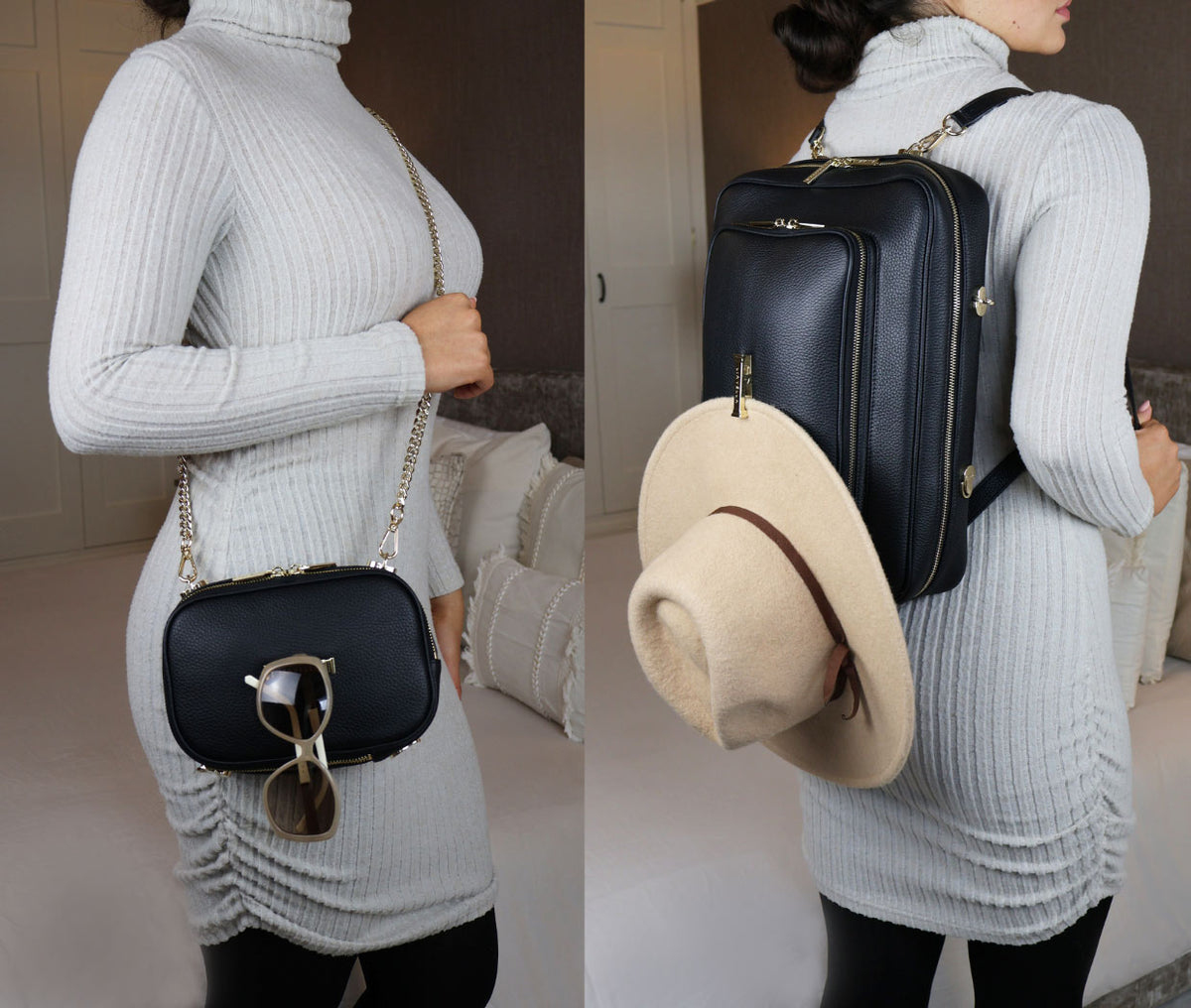 Two images side by side. Both feature a person in a gray sweater inside a room. One is wearing the AVAIA bag as a backpack with a hat attached to a clip, one is wearing the AVAIA Petit as a crossbody and has sunglasses attached to the Pillar of Strength clip.