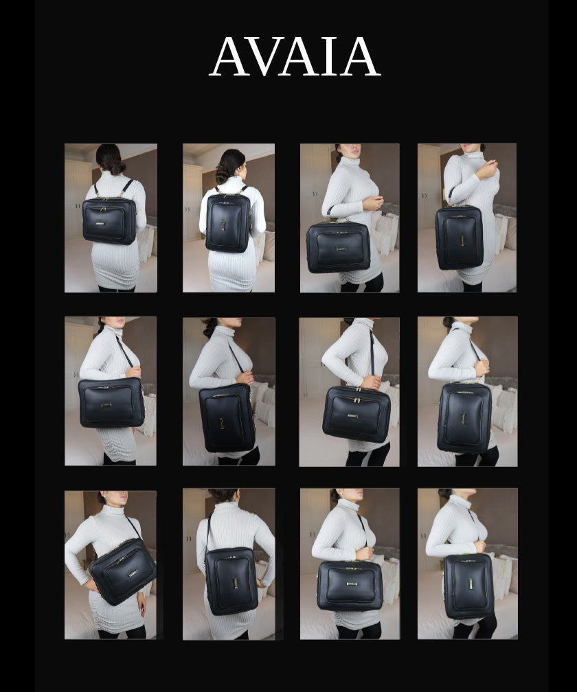 Person holding the LIAVELLA AVAIA bag in Noir in multiple poses on a black background.