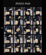Load image into Gallery viewer, Collage of a person wearing a black outfit showing the AVAIA Petit in multiple configurations including as a crossbody bag.
