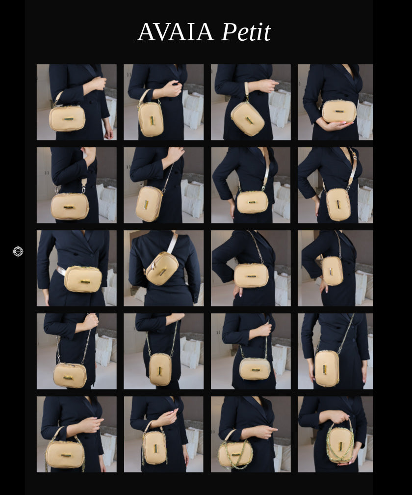 Collage of a person wearing a black outfit showing the AVAIA Petit in multiple configurations including as a crossbody bag.